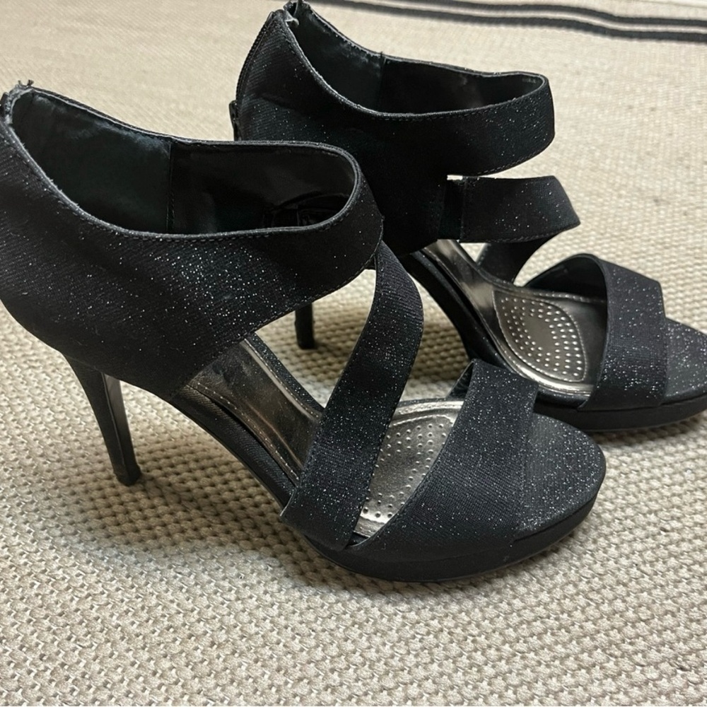 Touch of Nina Black Sparkle Strap Stiletto High Heels with Open Toe